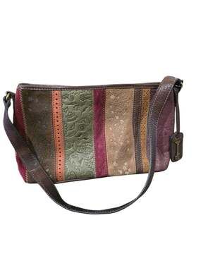Fossil Leather Patchwork Shoulder Bag Multicolor Floral Embossed Boho Y2K